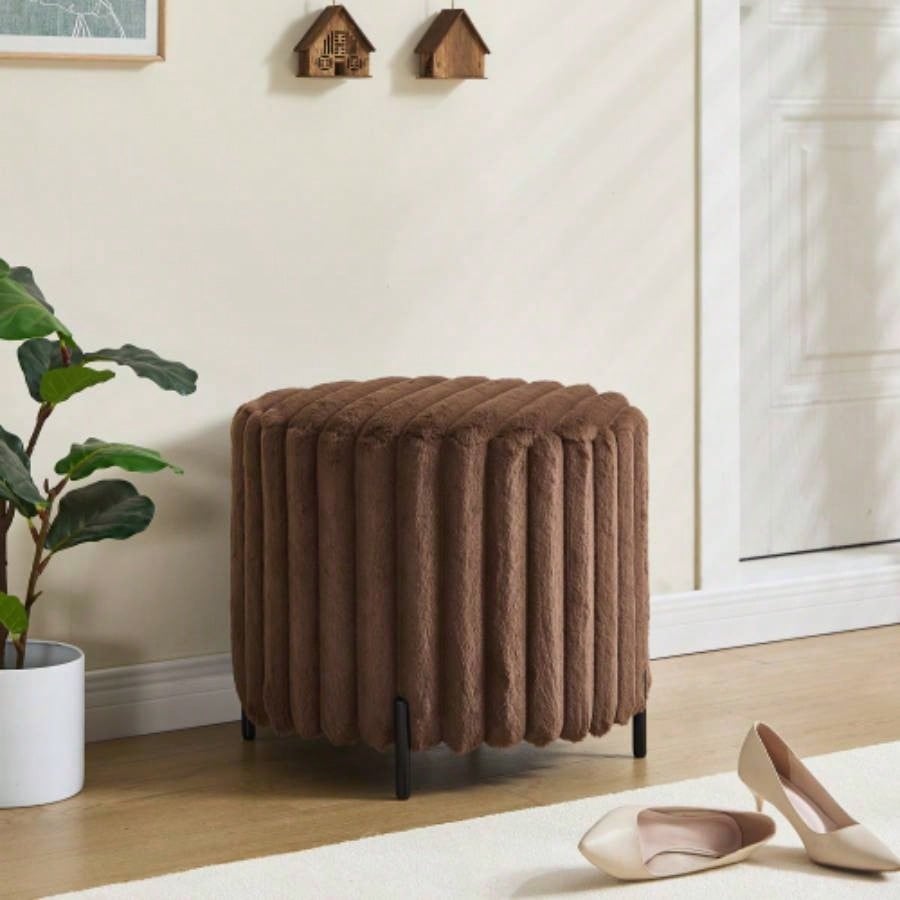22.05Wide Upholstered Round Pouf Ottoman Foot Rest with Black Metal, Faux Fur Footstool Living Room Bedroom Entryway. Charcoal