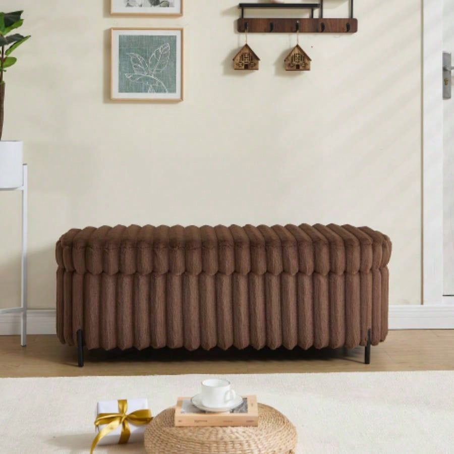 22.05Wide Upholstered Round Pouf Ottoman Foot Rest with Black Metal, Faux Fur Footstool Living Room Bedroom Entryway. Charcoal