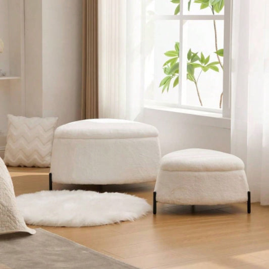 29.9Wide 2 - Piece Upholstered Storage Ottoman Set Footrest Shoe Changing Stool with Metal, Faux Fur Foot Stool Coffee Side Table With Reversible Lid Living Room Bedroom Entryway. Ivory
