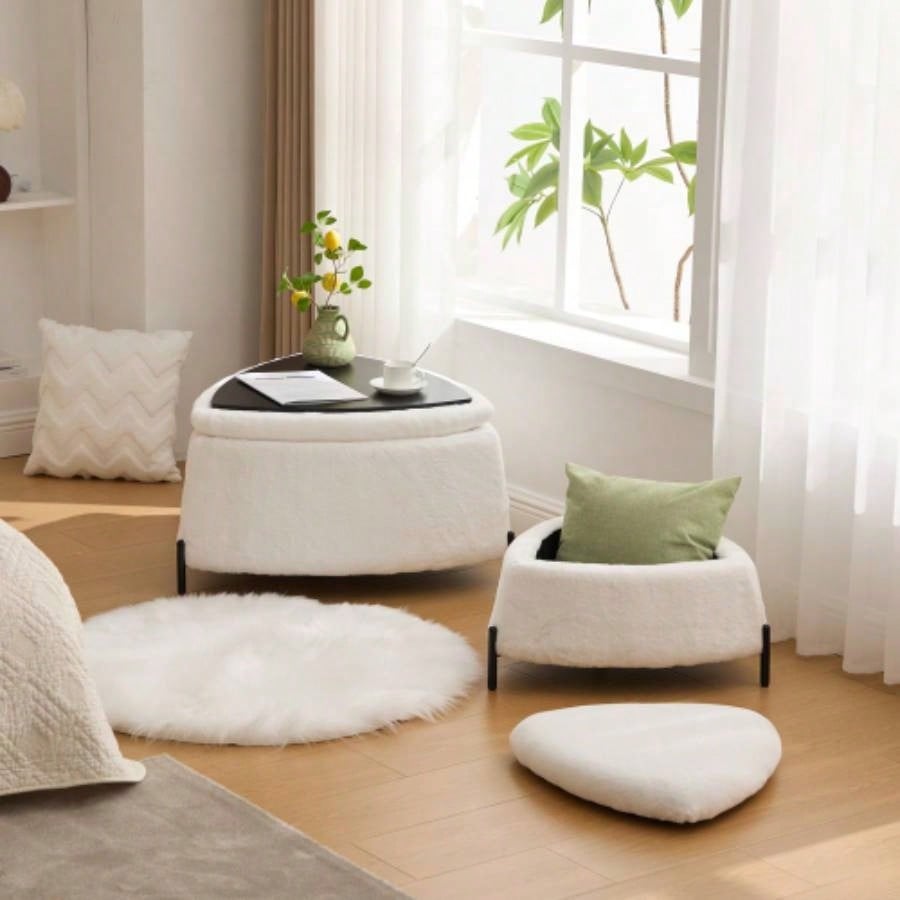 29.9Wide 2 - Piece Upholstered Storage Ottoman Set Footrest Shoe Changing Stool with Metal, Faux Fur Foot Stool Coffee Side Table With Reversible Lid Living Room Bedroom Entryway. Ivory