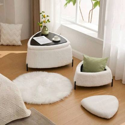 29.9Wide 2 - Piece Upholstered Storage Ottoman Set Footrest Shoe Changing Stool with Metal, Faux Fur Foot Stool Coffee Side Table With Reversible Lid Living Room Bedroom Entryway. Ivory
