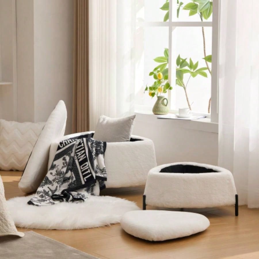 29.9Wide 2 - Piece Upholstered Storage Ottoman Set Footrest Shoe Changing Stool with Metal, Faux Fur Foot Stool Coffee Side Table With Reversible Lid Living Room Bedroom Entryway. Ivory