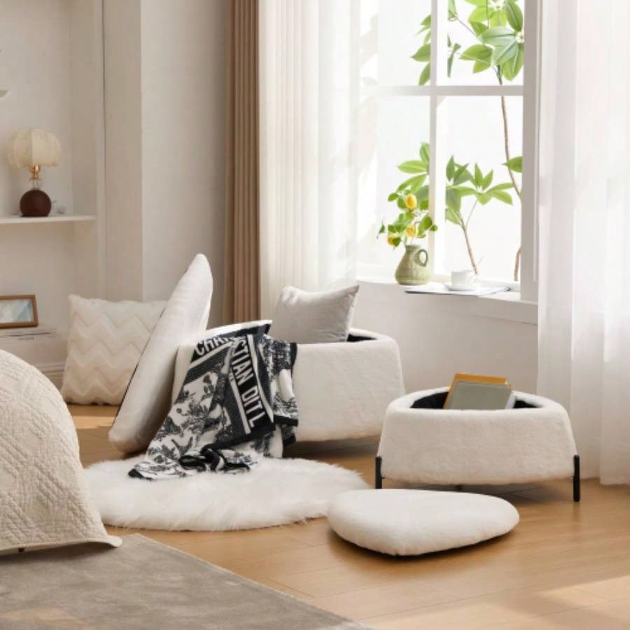 29.9Wide 2 - Piece Upholstered Storage Ottoman Set Footrest Shoe Changing Stool with Metal, Faux Fur Foot Stool Coffee Side Table With Reversible Lid Living Room Bedroom Entryway. Ivory