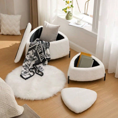 29.9Wide 2 - Piece Upholstered Storage Ottoman Set Footrest Shoe Changing Stool with Metal, Faux Fur Foot Stool Coffee Side Table With Reversible Lid Living Room Bedroom Entryway. Ivory