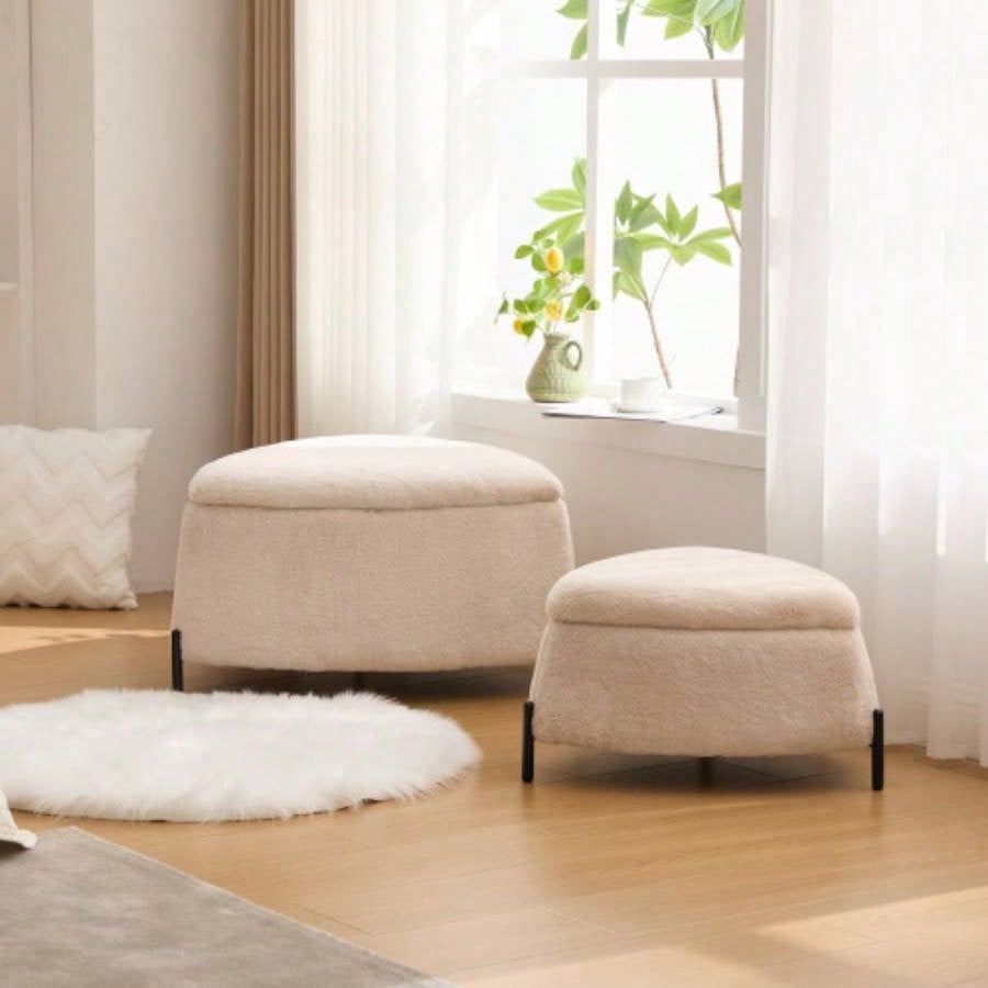 29.9Wide 2 - Piece Upholstered Storage Ottoman Set Footrest Shoe Changing Stool with Metal, Faux Fur Foot Stool Coffee Side Table With Reversible Lid Living Room Bedroom Entryway. Ivory