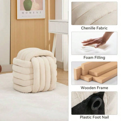 060 - Chenille Fabric Modern Knot Design Ottoman Makeup Stool Footstool, Comfortable and Stylish Living Room, Bedroom, Beige
