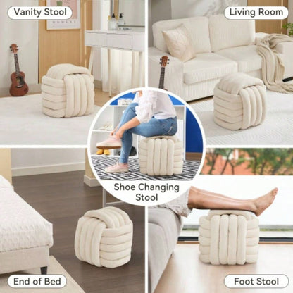 060 - Chenille Fabric Modern Knot Design Ottoman Makeup Stool Footstool, Comfortable and Stylish Living Room, Bedroom, Beige
