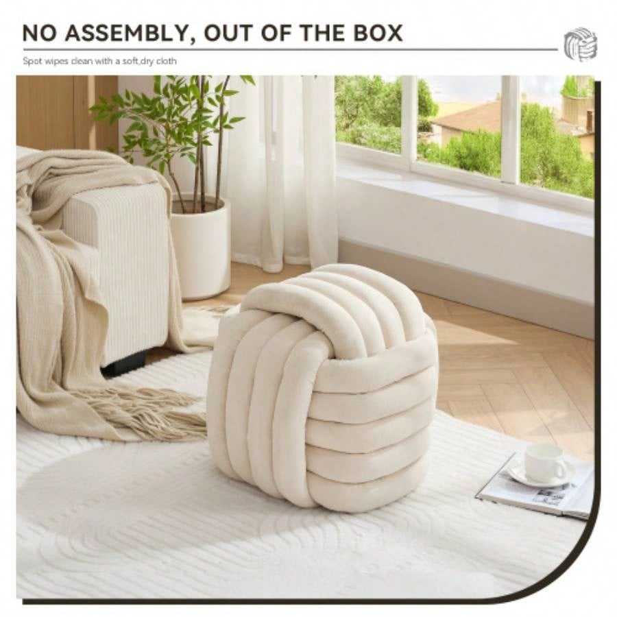 060 - Chenille Fabric Modern Knot Design Ottoman Makeup Stool Footstool, Comfortable and Stylish Living Room, Bedroom, Beige