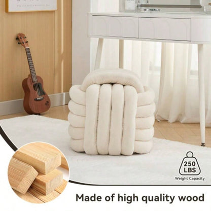 060 - Chenille Fabric Modern Knot Design Ottoman Makeup Stool Footstool, Comfortable and Stylish Living Room, Bedroom, Beige