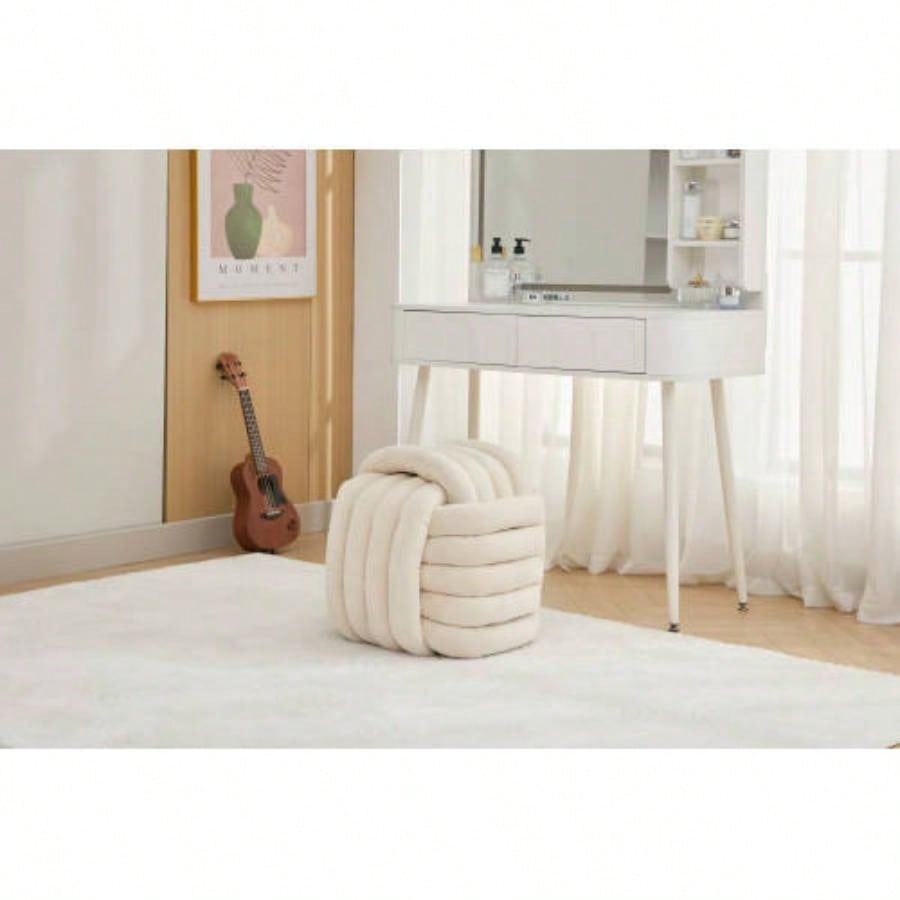 060 - Chenille Fabric Modern Knot Design Ottoman Makeup Stool Footstool, Comfortable and Stylish Living Room, Bedroom, Beige