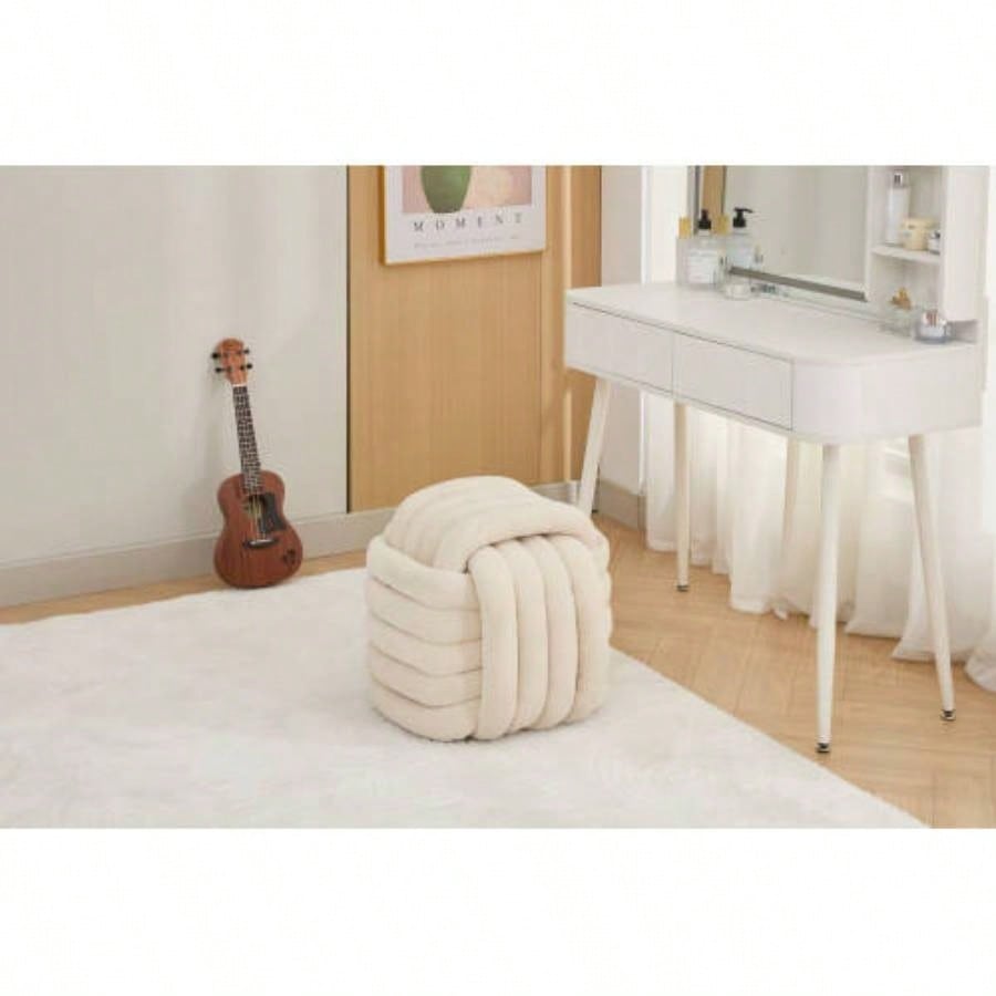 060 - Chenille Fabric Modern Knot Design Ottoman Makeup Stool Footstool, Comfortable and Stylish Living Room, Bedroom, Beige
