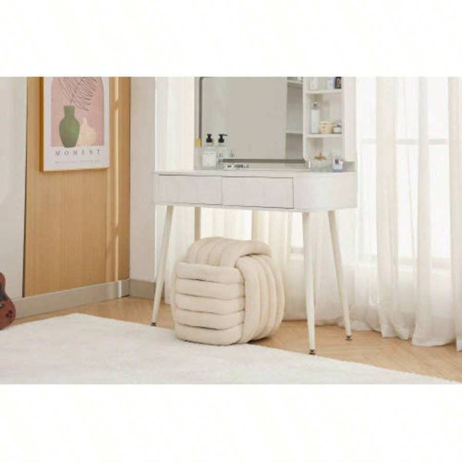 060 - Chenille Fabric Modern Knot Design Ottoman Makeup Stool Footstool, Comfortable and Stylish Living Room, Bedroom, Beige