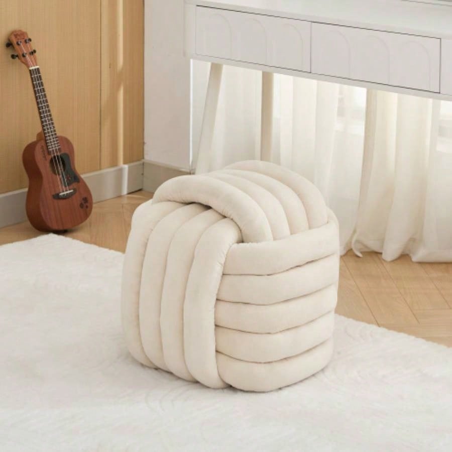 060 - Chenille Fabric Modern Knot Design Ottoman Makeup Stool Footstool, Comfortable and Stylish Living Room, Bedroom, Beige