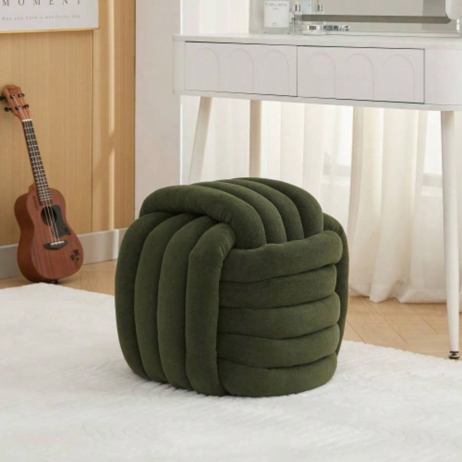 060 - Chenille Fabric Modern Knot Design Ottoman Makeup Stool Footstool, Comfortable and Stylish Living Room, Bedroom, Beige