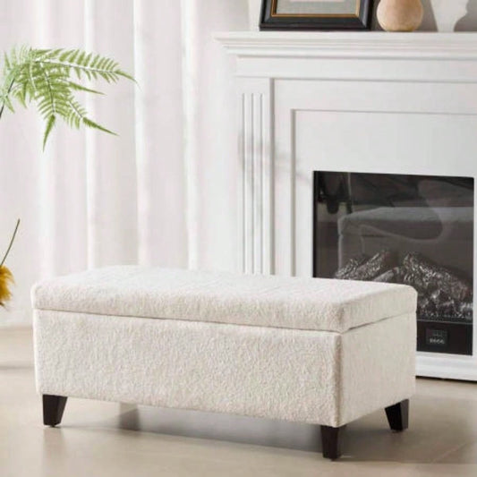 Storage Ottoman with Flip - Top Lid, Easy Assembly, Boucle Fabric Birch Wood, White