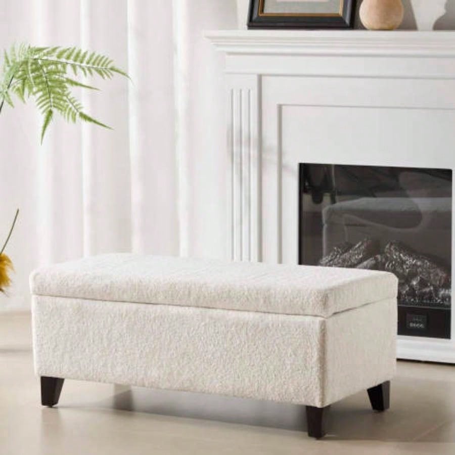 Storage Ottoman with Flip - Top Lid, Easy Assembly, Boucle Fabric Birch Wood, White