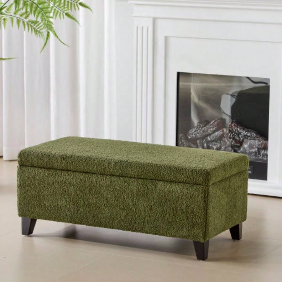 Storage Ottoman with Flip - Top Lid, Easy Assembly, Boucle Fabric Birch Wood, White