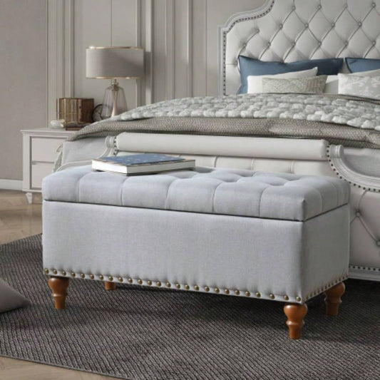 Ottoman storage, recessed support hinge top easy to open, rivet trim around, bedroom, entrance, living room, linen