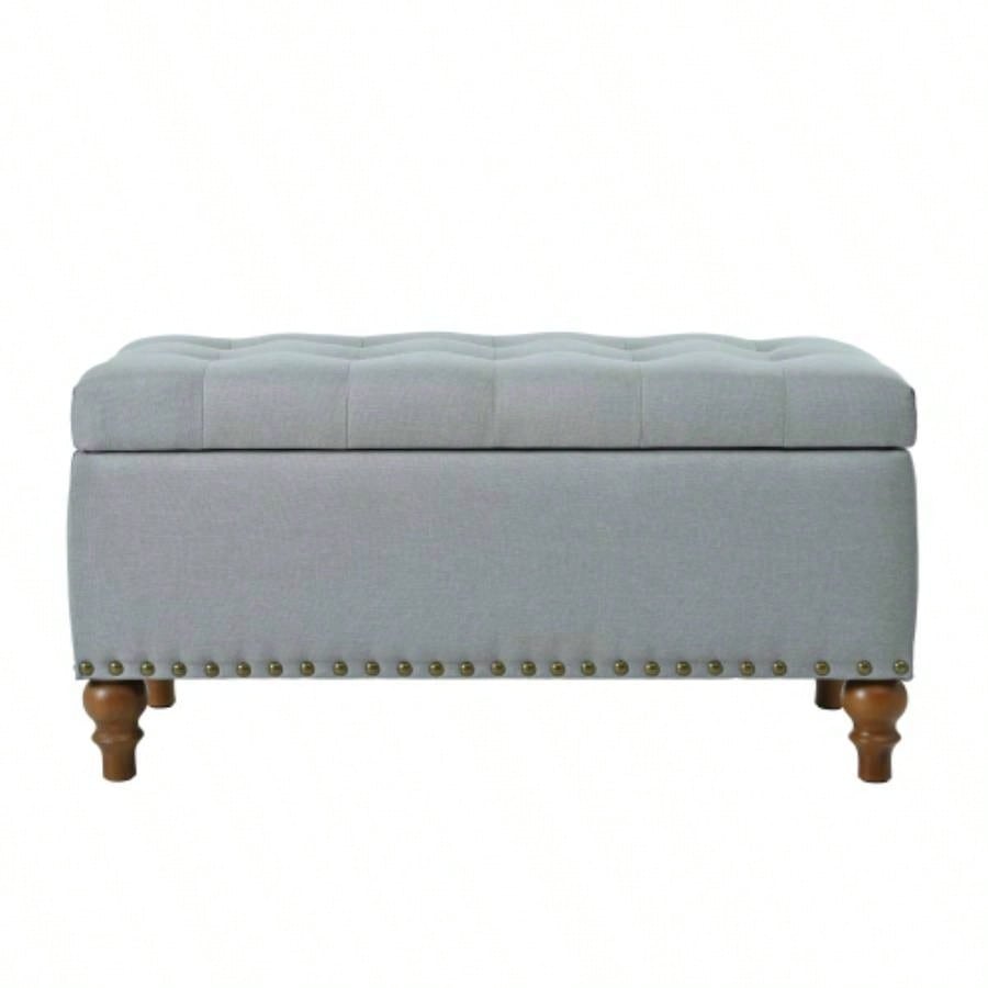 Ottoman storage, recessed support hinge top easy to open, rivet trim around, bedroom, entrance, living room, linen