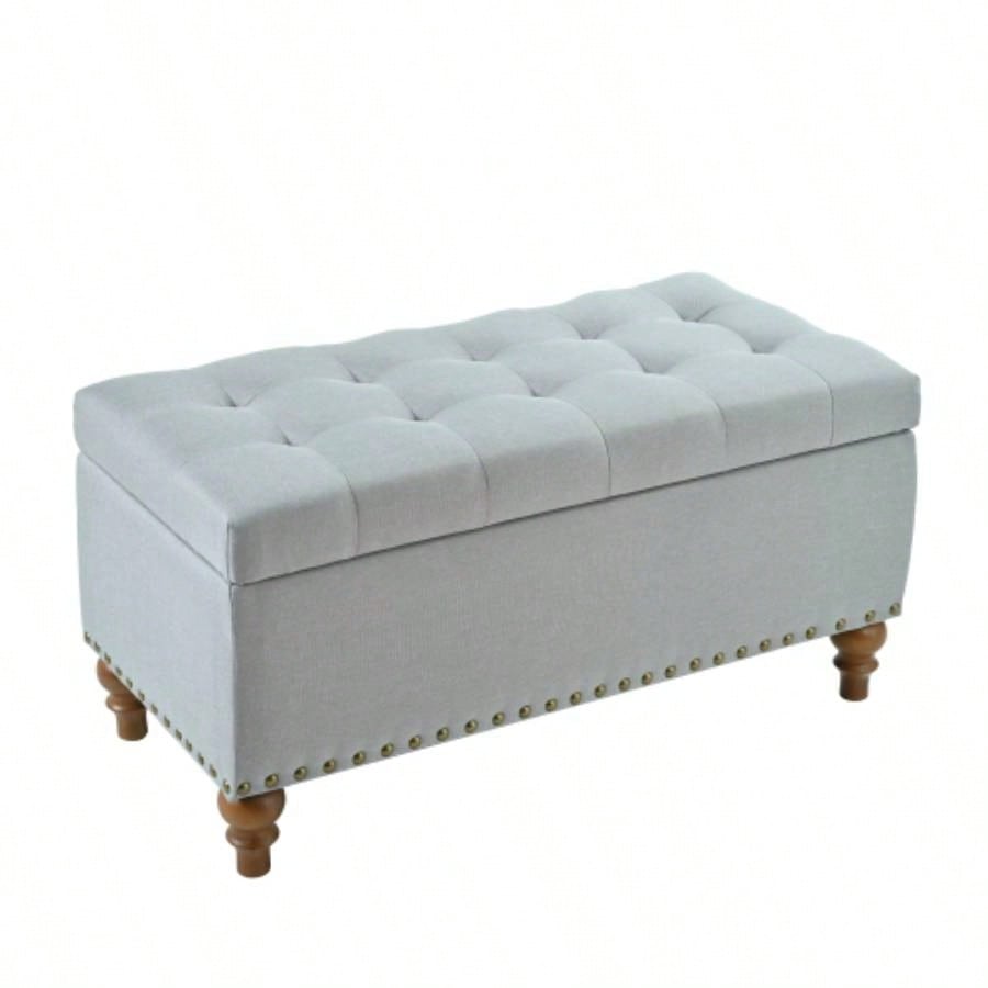 Ottoman storage, recessed support hinge top easy to open, rivet trim around, bedroom, entrance, living room, linen