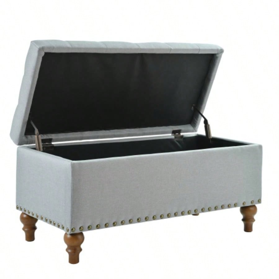Ottoman storage, recessed support hinge top easy to open, rivet trim around, bedroom, entrance, living room, linen