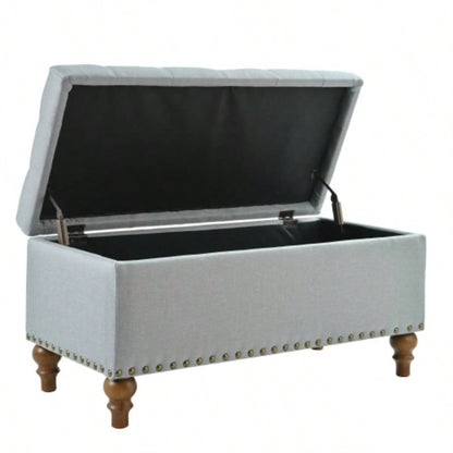 Ottoman storage, recessed support hinge top easy to open, rivet trim around, bedroom, entrance, living room, linen