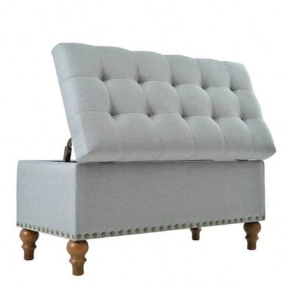 Ottoman storage, recessed support hinge top easy to open, rivet trim around, bedroom, entrance, living room, linen