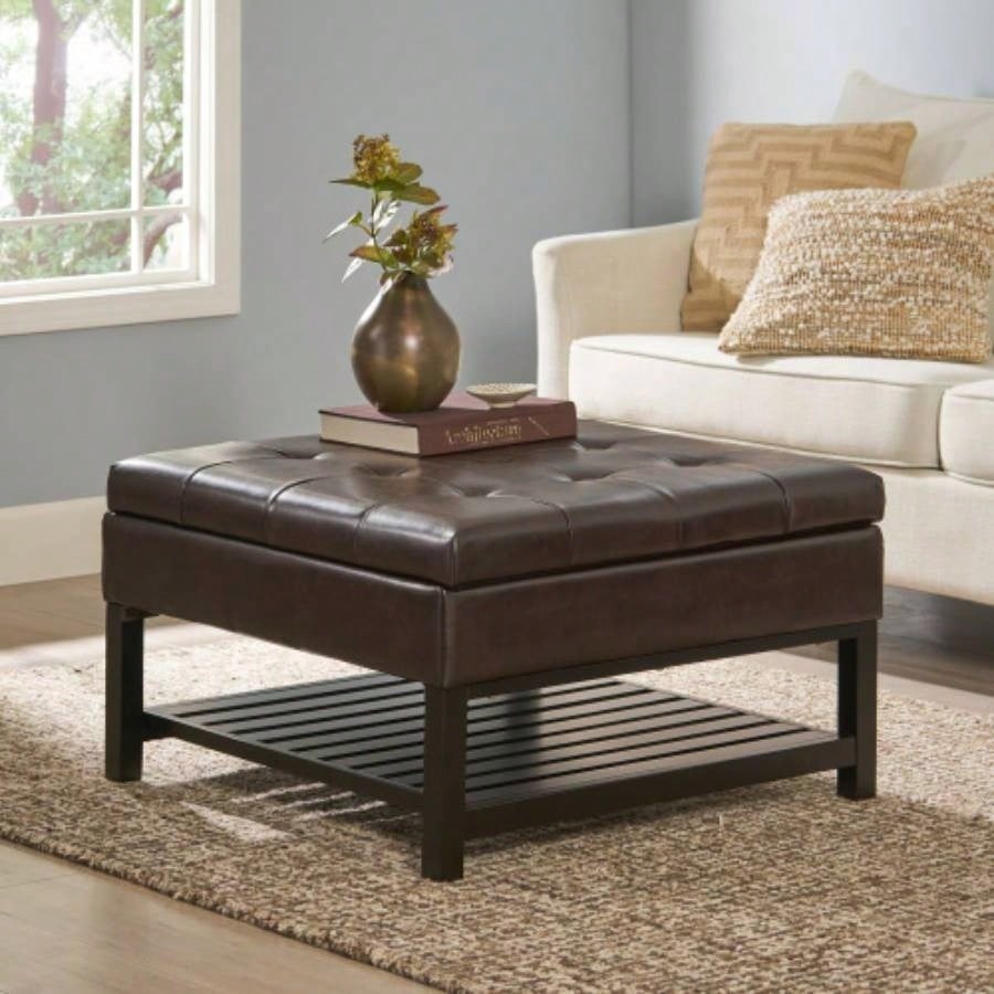 Storage Ottoman Coffee Table, Square Ottoman with Storage and Bottom Rack, Tufted Upholstered Ottomans Coffee Table Living Room