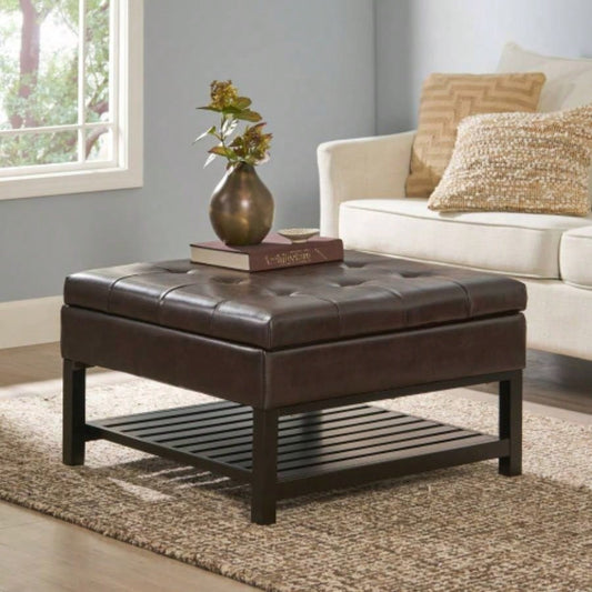 Storage Ottoman Coffee Table, Square Ottoman with Storage and Bottom Rack, Tufted Upholstered Ottomans Coffee Table Living Room