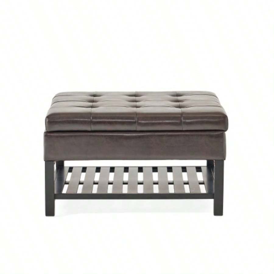 Storage Ottoman Coffee Table, Square Ottoman with Storage and Bottom Rack, Tufted Upholstered Ottomans Coffee Table Living Room