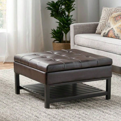 Storage Ottoman Coffee Table, Square Ottoman with Storage and Bottom Rack, Tufted Upholstered Ottomans Coffee Table Living Room
