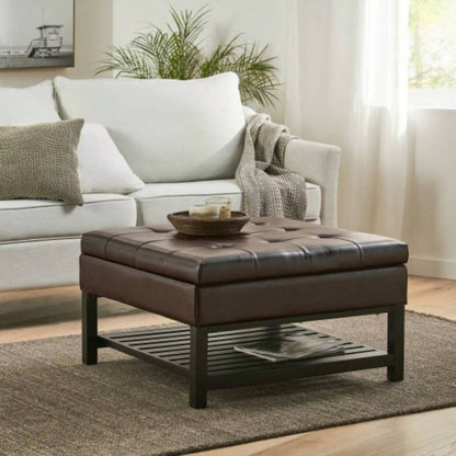 Storage Ottoman Coffee Table, Square Ottoman with Storage and Bottom Rack, Tufted Upholstered Ottomans Coffee Table Living Room