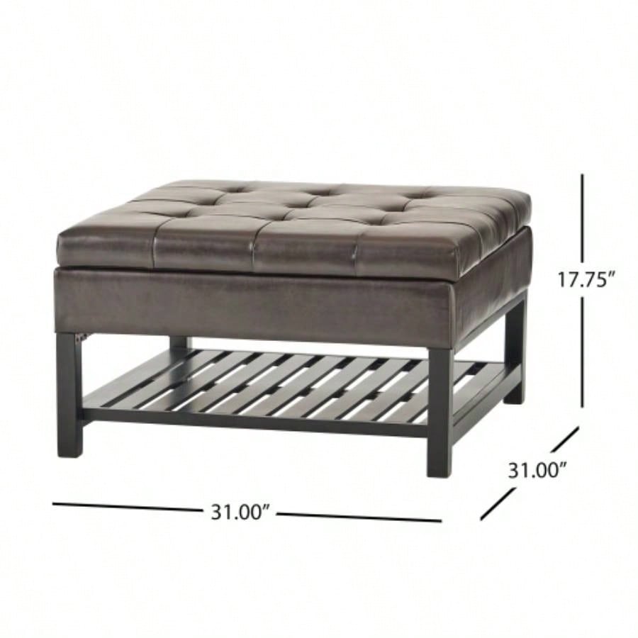 Storage Ottoman Coffee Table, Square Ottoman with Storage and Bottom Rack, Tufted Upholstered Ottomans Coffee Table Living Room