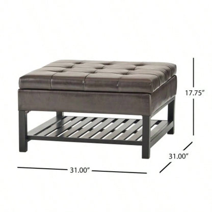 Storage Ottoman Coffee Table, Square Ottoman with Storage and Bottom Rack, Tufted Upholstered Ottomans Coffee Table Living Room