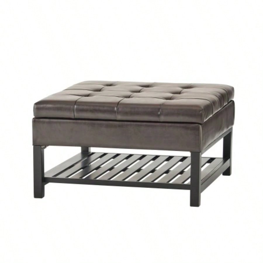 Storage Ottoman Coffee Table, Square Ottoman with Storage and Bottom Rack, Tufted Upholstered Ottomans Coffee Table Living Room