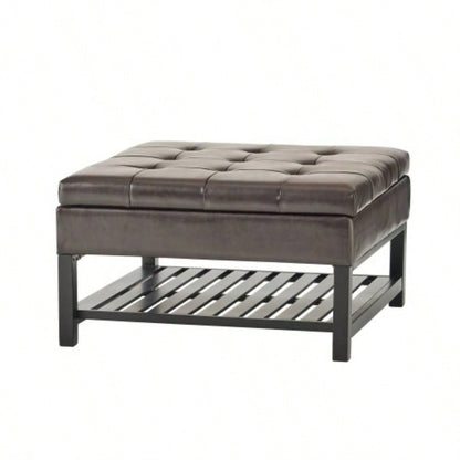 Storage Ottoman Coffee Table, Square Ottoman with Storage and Bottom Rack, Tufted Upholstered Ottomans Coffee Table Living Room