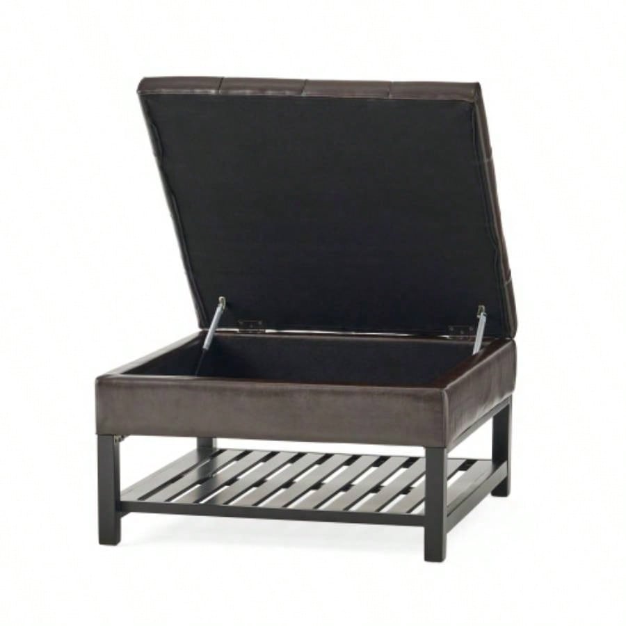 Storage Ottoman Coffee Table, Square Ottoman with Storage and Bottom Rack, Tufted Upholstered Ottomans Coffee Table Living Room