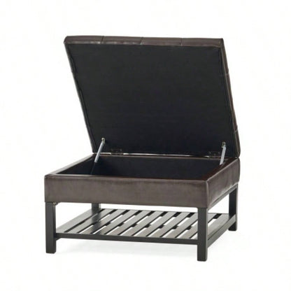 Storage Ottoman Coffee Table, Square Ottoman with Storage and Bottom Rack, Tufted Upholstered Ottomans Coffee Table Living Room