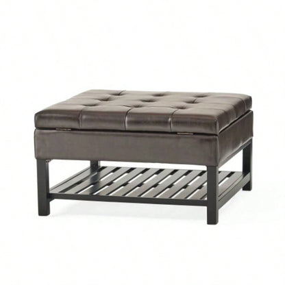Storage Ottoman Coffee Table, Square Ottoman with Storage and Bottom Rack, Tufted Upholstered Ottomans Coffee Table Living Room