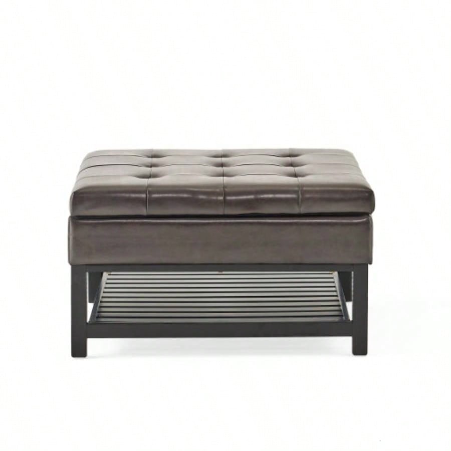 Storage Ottoman Coffee Table, Square Ottoman with Storage and Bottom Rack, Tufted Upholstered Ottomans Coffee Table Living Room