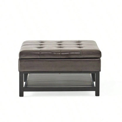 Storage Ottoman Coffee Table, Square Ottoman with Storage and Bottom Rack, Tufted Upholstered Ottomans Coffee Table Living Room