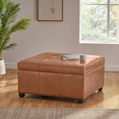 CARLSBAD Faux Leather Tufted Storage Ottoman, Cognac Brown