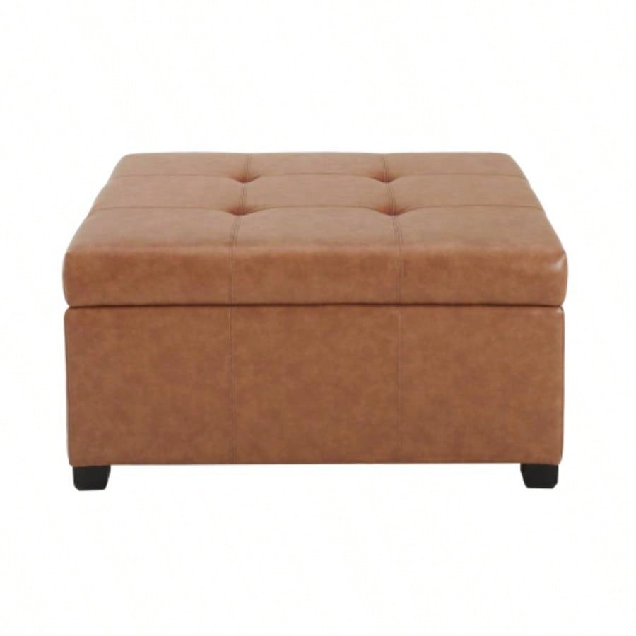 CARLSBAD Faux Leather Tufted Storage Ottoman, Cognac Brown