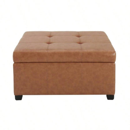 CARLSBAD Faux Leather Tufted Storage Ottoman, Cognac Brown
