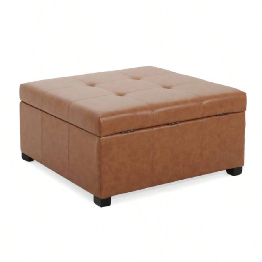 CARLSBAD Faux Leather Tufted Storage Ottoman, Cognac Brown