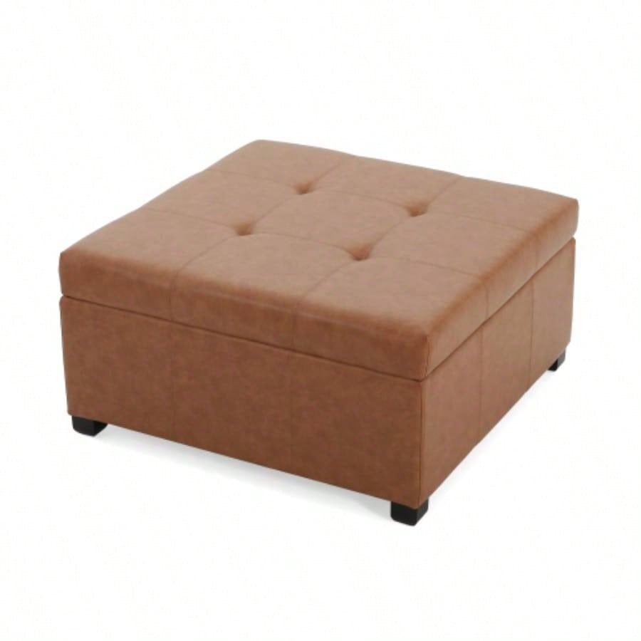 CARLSBAD Faux Leather Tufted Storage Ottoman, Cognac Brown