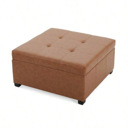 CARLSBAD Faux Leather Tufted Storage Ottoman, Cognac Brown