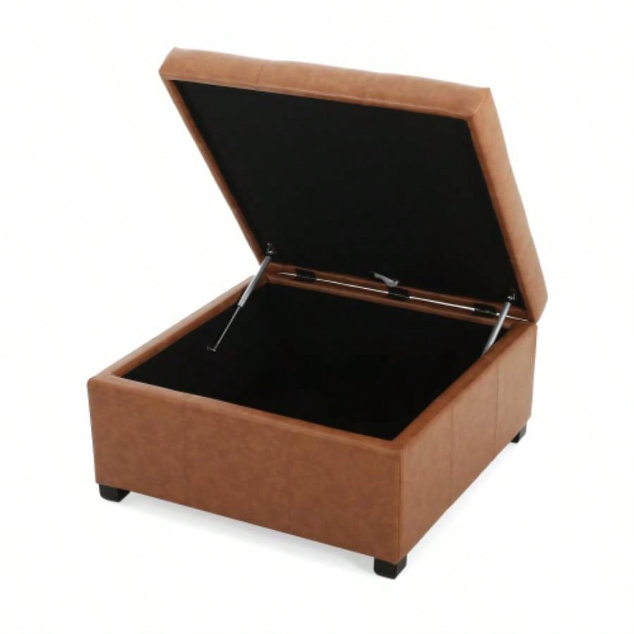 CARLSBAD Faux Leather Tufted Storage Ottoman, Cognac Brown