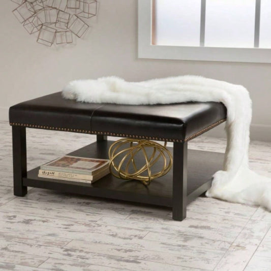 Large Square Ottoman, faux leather Coffee Table Ottoman with rack Solid Wood, Oversized Ottoman Living Room