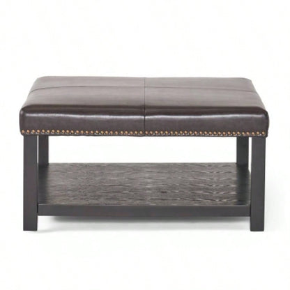 Large Square Ottoman, faux leather Coffee Table Ottoman with rack Solid Wood, Oversized Ottoman Living Room